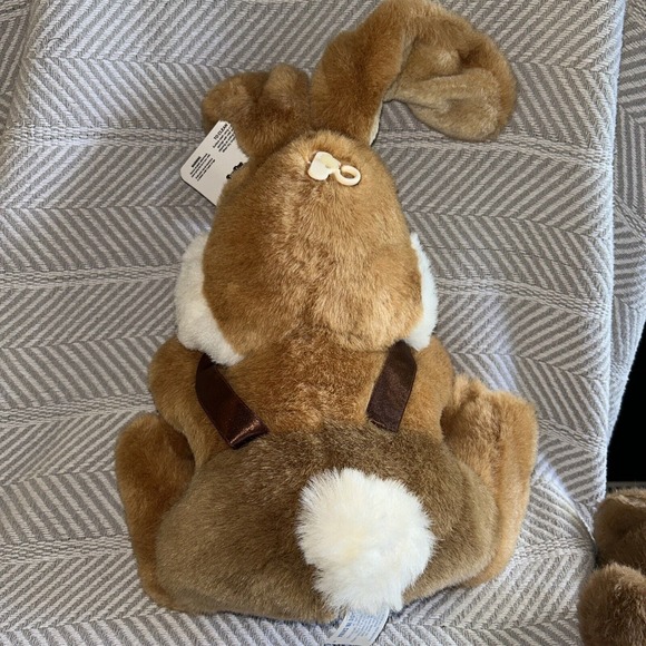 Vintage Bunny Rabbit Plush Stuffed Animal 15" Tan Green Checks Ribbon Suspenders - Picture 4 of 4